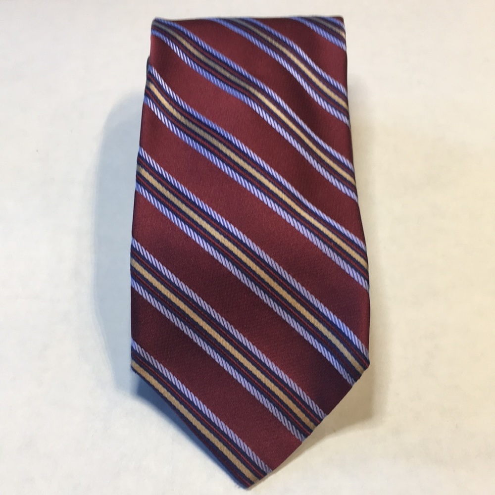 Tommy Hilfiger red with blue and gold diagonal stripes, 100% silk tie. LIKE NEW